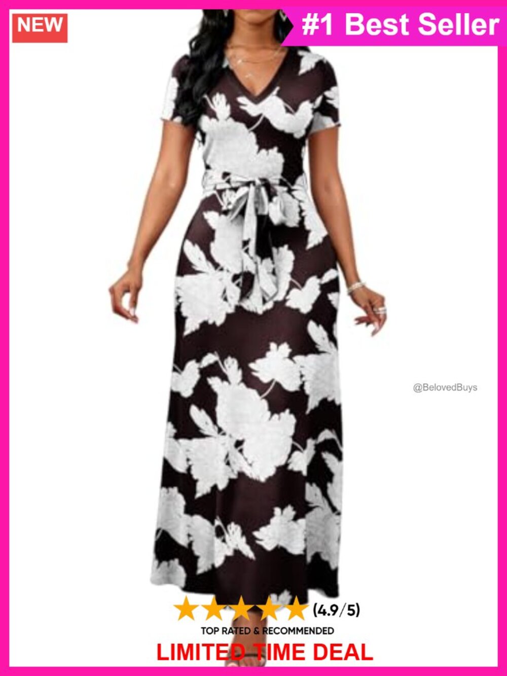 Boho Floral V-Neck Short Sleeve Maxi Dress Tie Waist